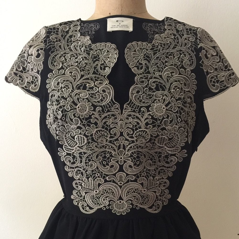 Urban Outfitters Black Peplum Embroidered Cap Sleeve Top; Size 2